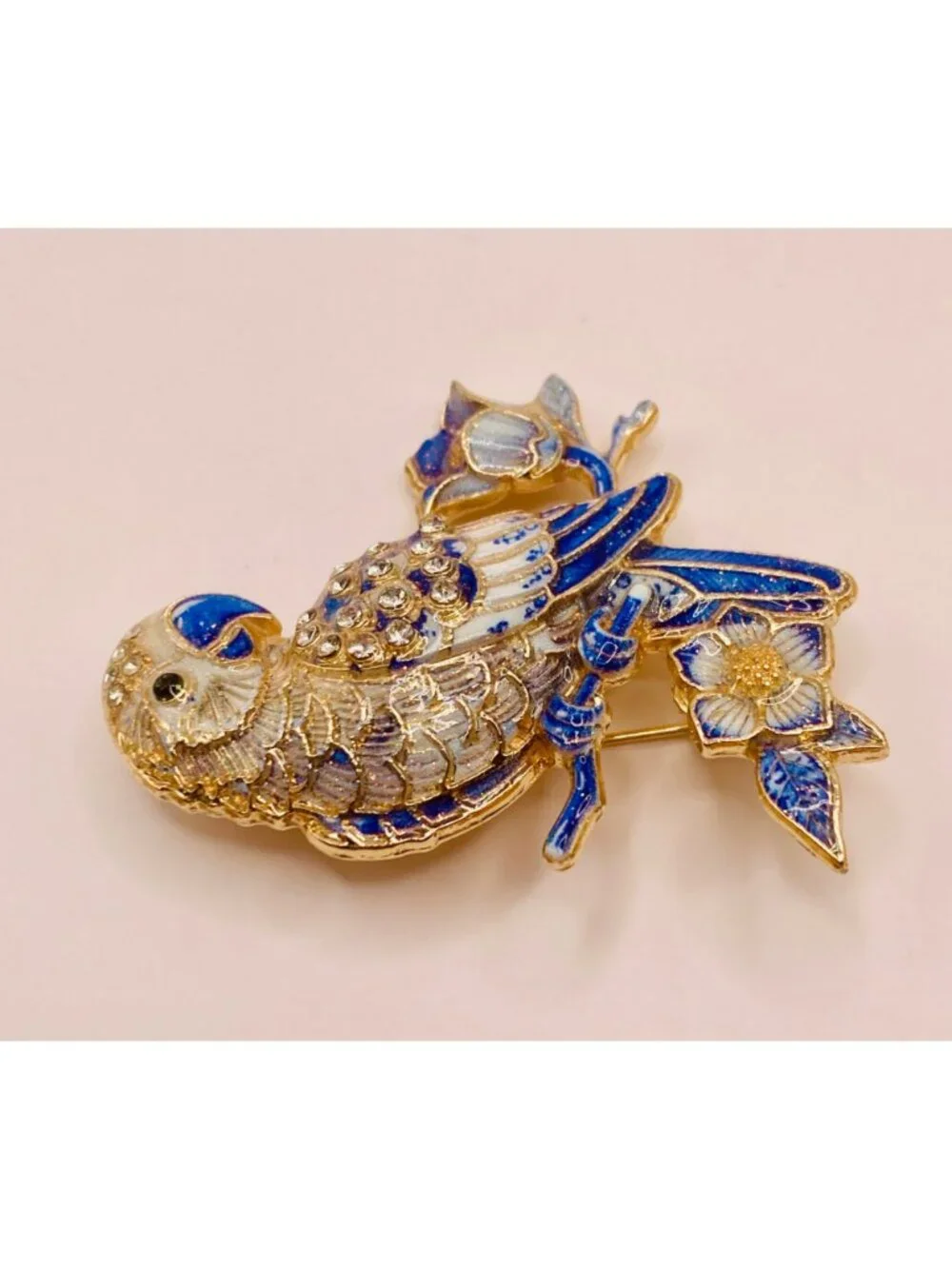 Blue & White Enamel Parrot Brooch Pin Floral Design Gold-Tone -32B